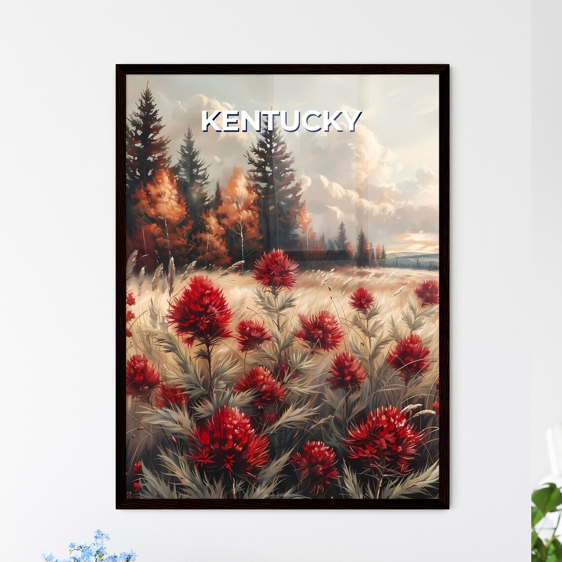 Kentucky Red Poppies Field Forest Landscape Painting Art Poster