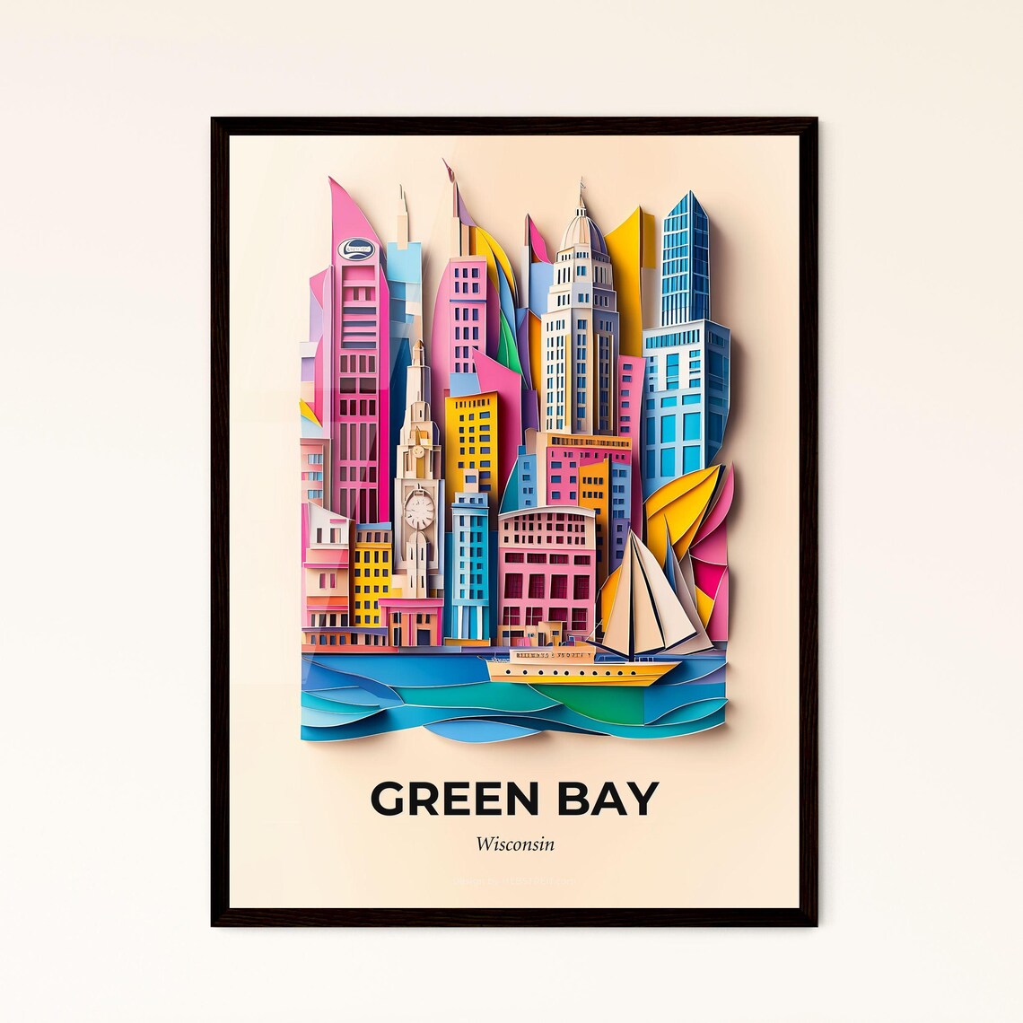Green Bay Wisconsin Skyline Sailboat Paper Cut Travel Poster