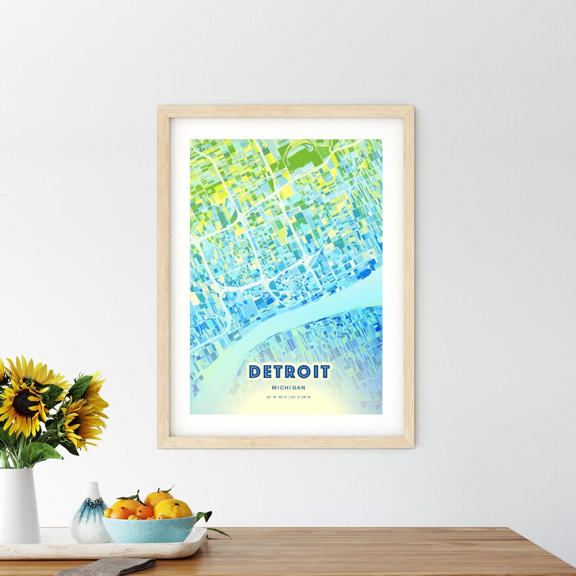 Detroit Michigan Modern Geometric Blue Green City Map Art Poster - Image 3