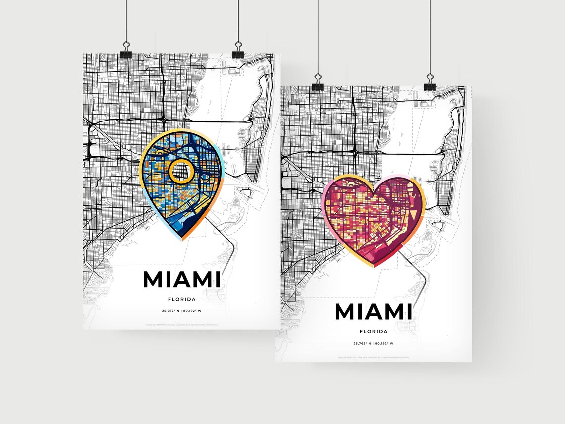 Miami Florida Minimal Map Art With Colorful Heart Icon Poster - Image 2