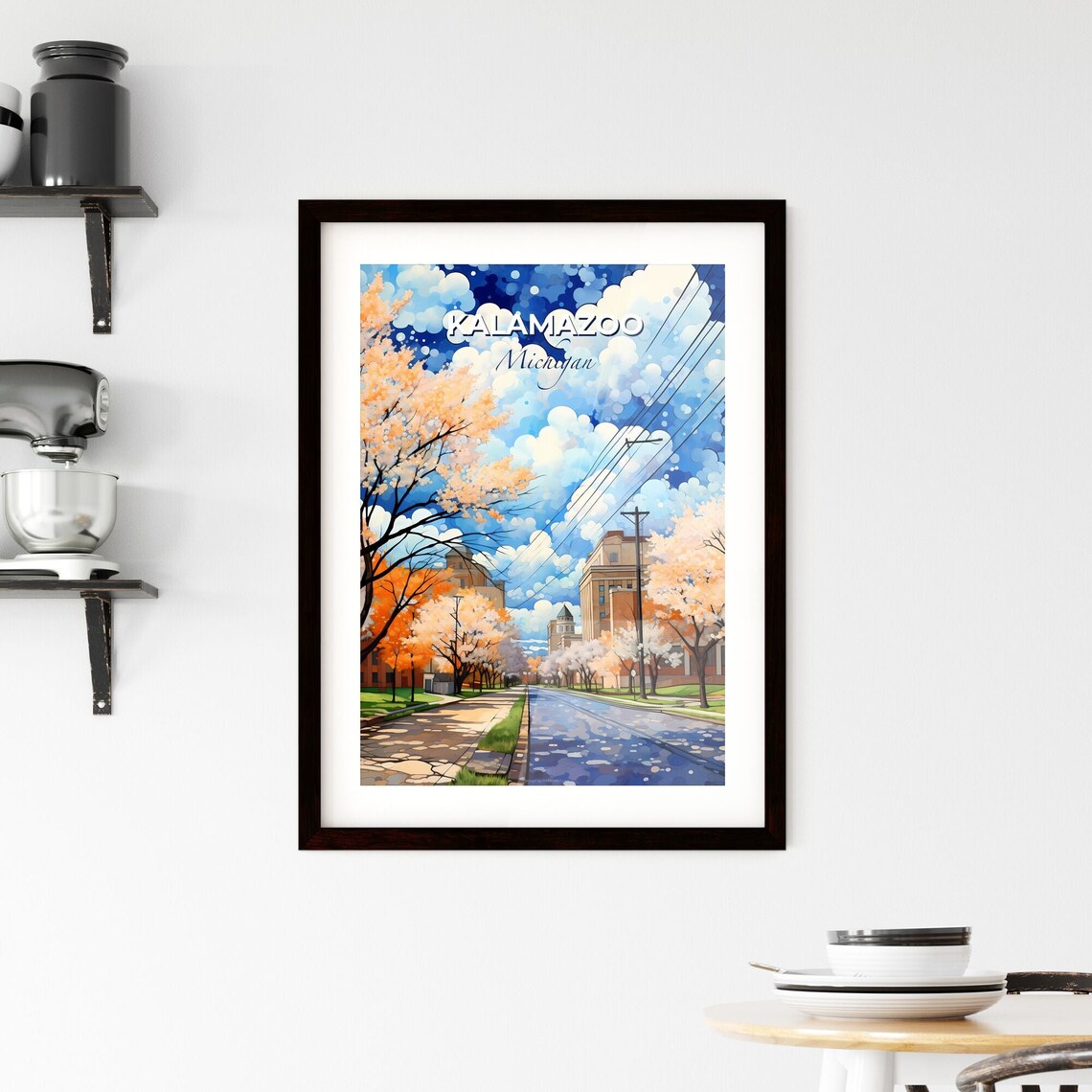 Kalamazoo Michigan Spring Street Travel Poster Blossom Trees Art - Image 2