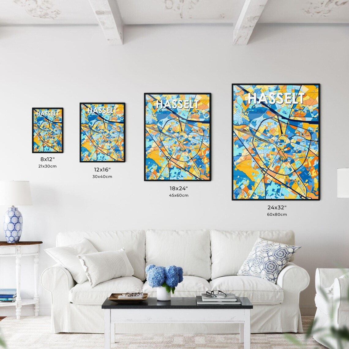 Hasselt Belgium Bold Geometric City Map Art Poster in Blue and Orange - Image 3