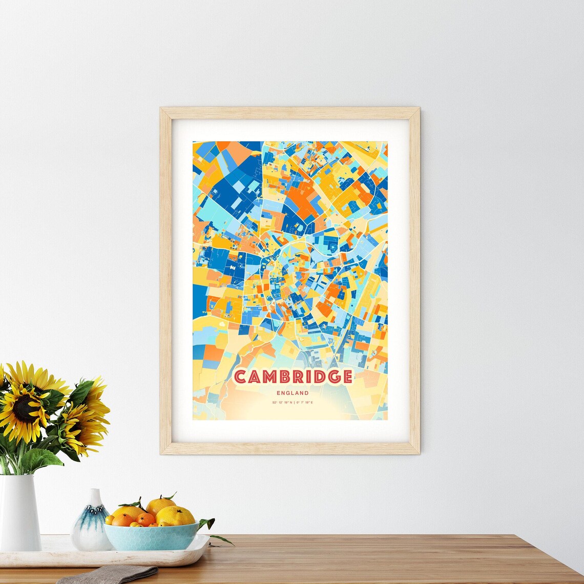 Cambridge England Vibrant Blue Orange Mosaic City Map Poster - Image 2