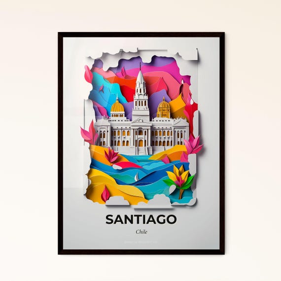 Vivid Santiago Chile A Paper Cut Of A Building With A Boat In The Water Fine Art Print Customizable