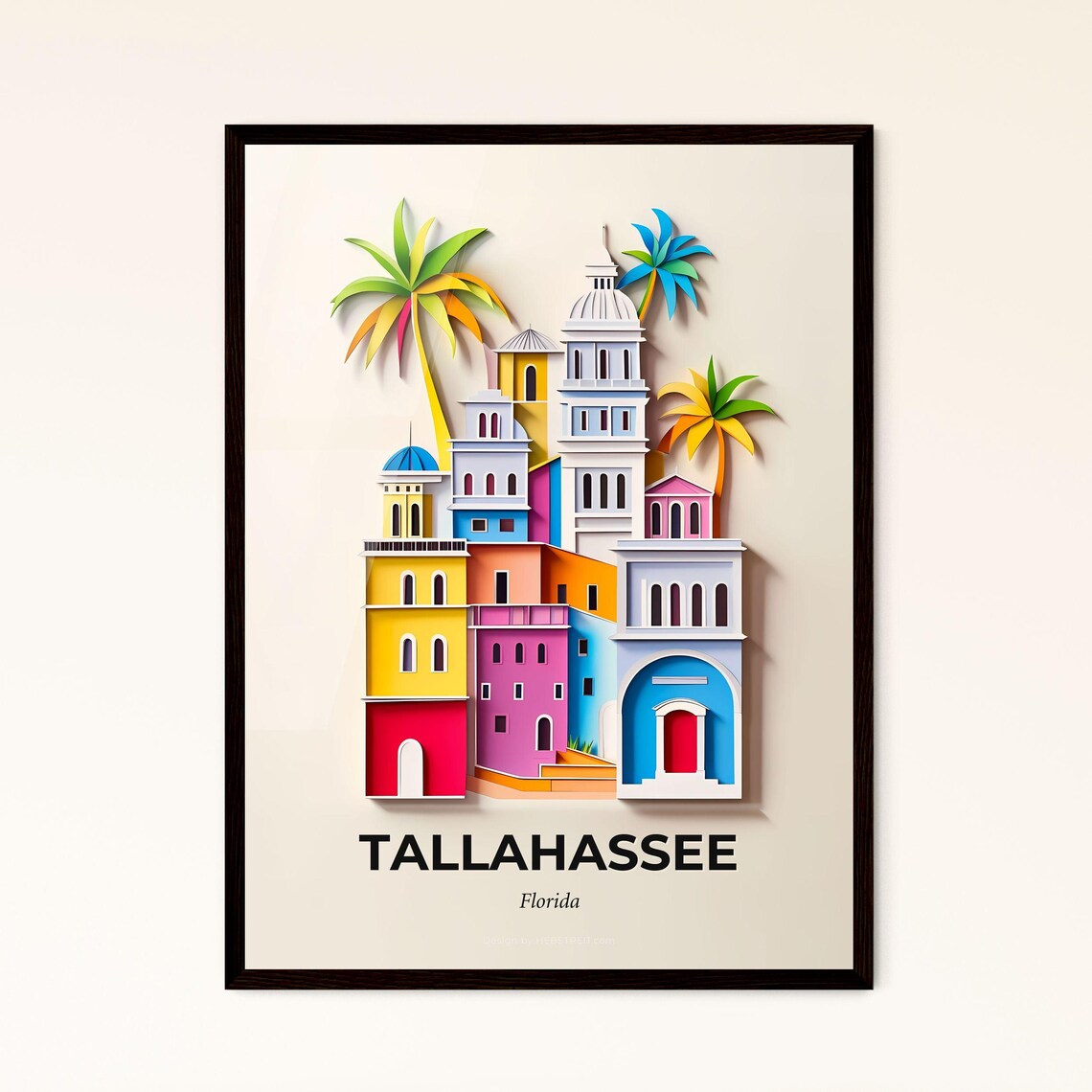 Tallahassee Florida Palms Towers Colorful Paper Cut Art Poster