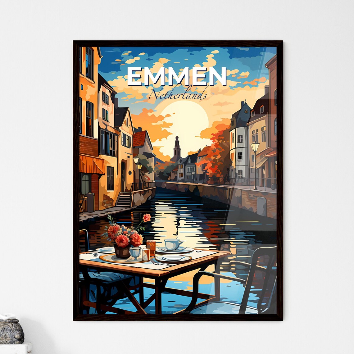 Emmen Netherlands Canal Cafe Sunset Historic Town Art Poster