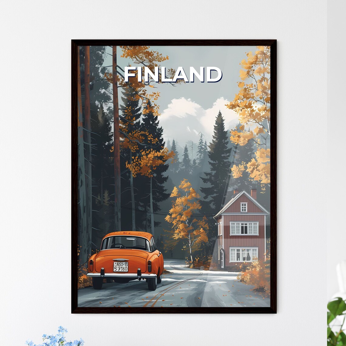 Finland Autumn Forest Road Orange Vintage Car Travel Art Poster