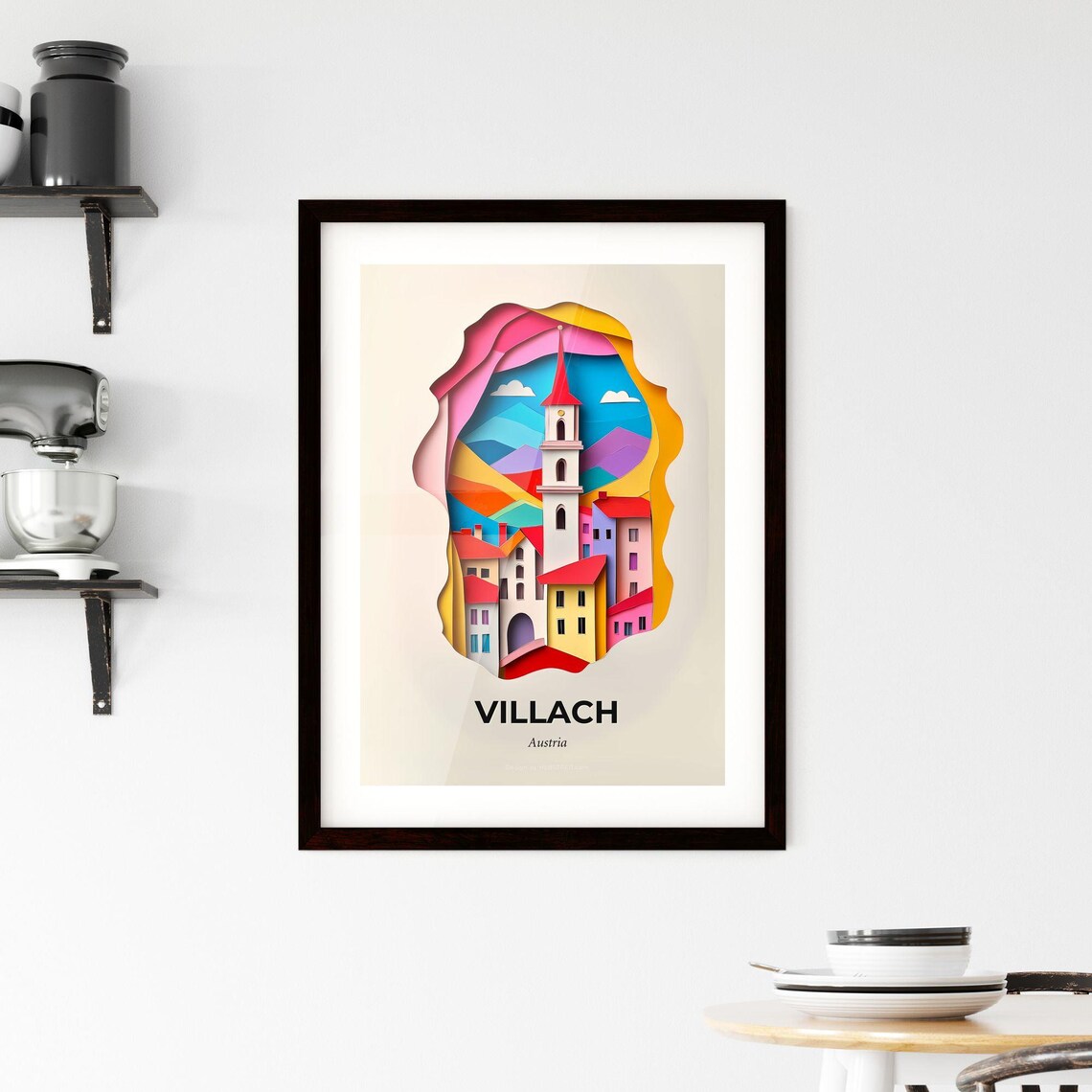 Villach Austria Alpine Village Church Tower Paper Cut Poster - Image 2