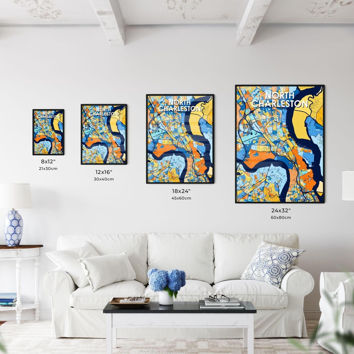 North Charleston South Carolina Bold Blue and Orange City Map Decor Poster - Image 3