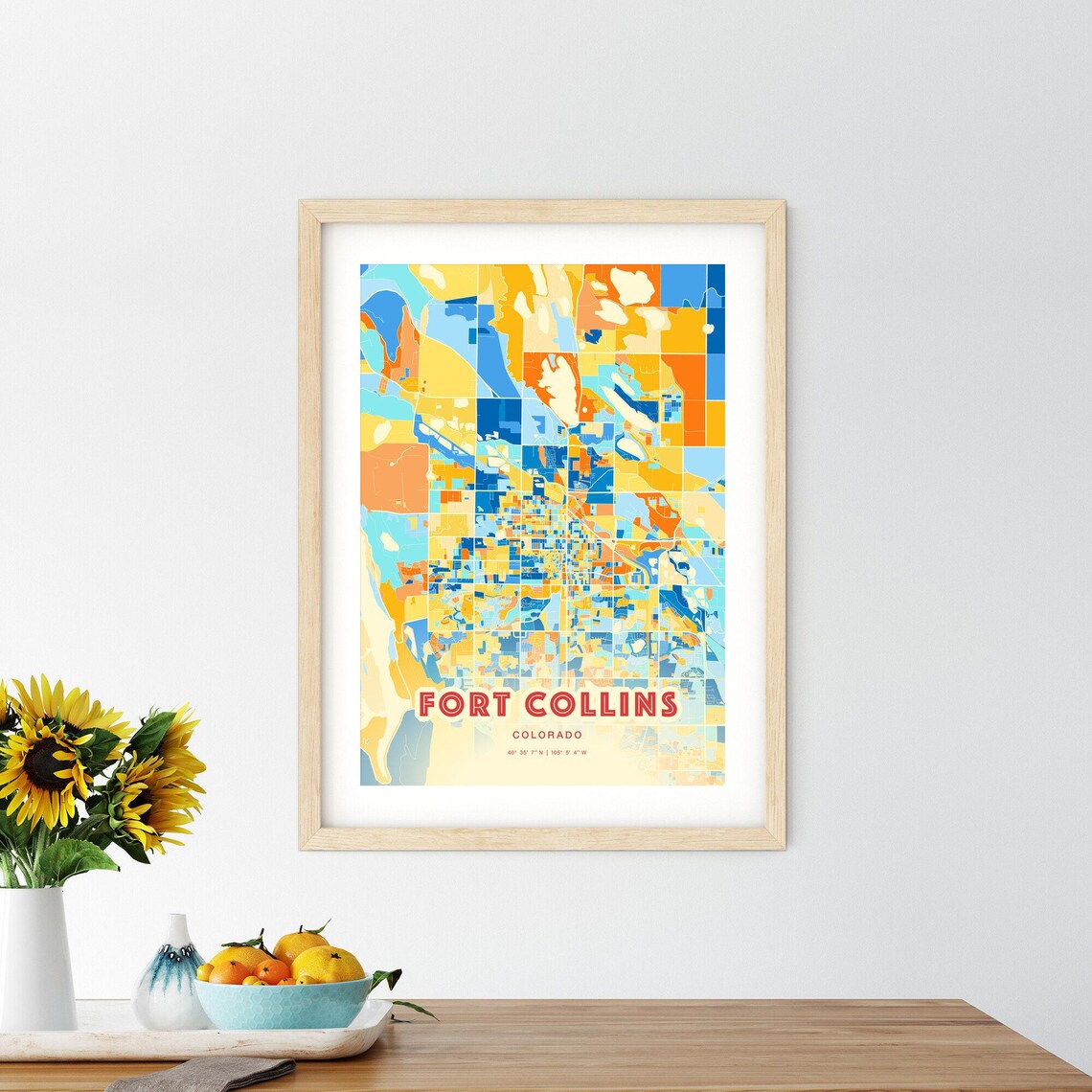 Fort Collins Colorado Colorful Blue and Orange City Map Art Poster - Image 2