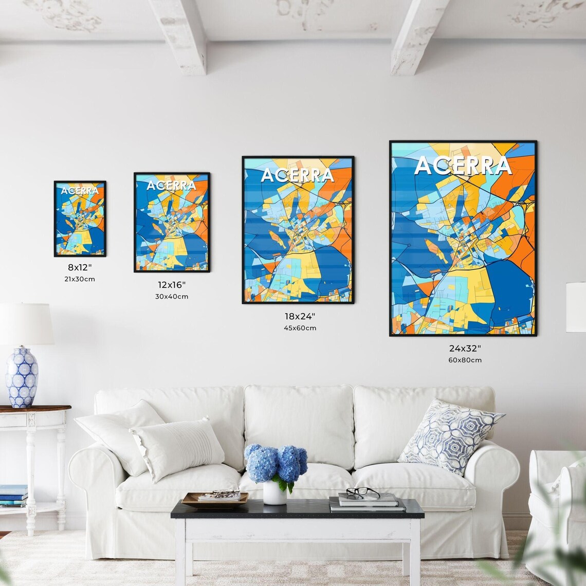 Acerra Italy Bold Geometric City Map Art Poster in Blue and Orange - Image 3