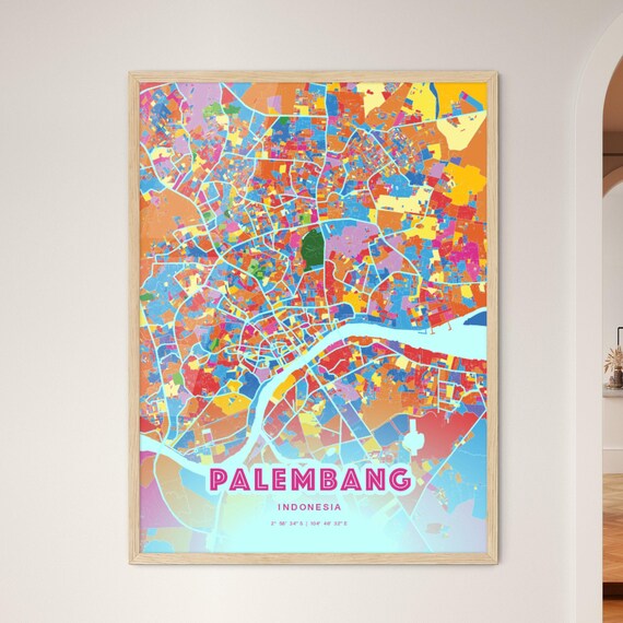 Palembang Indonesia Rainbow City Map Poster Vibrant Colorful Street Grid Art