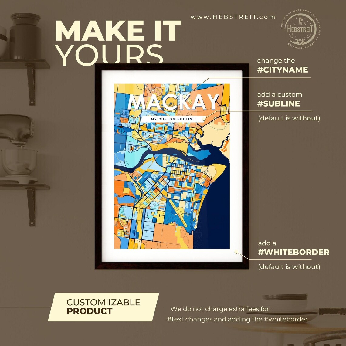 Mackay Australia Bold City Map Art Poster in Navy Orange and Yellow - Image 2