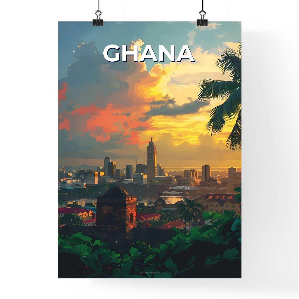 Ghana Golden City Skyline Sunset Palms Tropical Travel Poster - Image 4