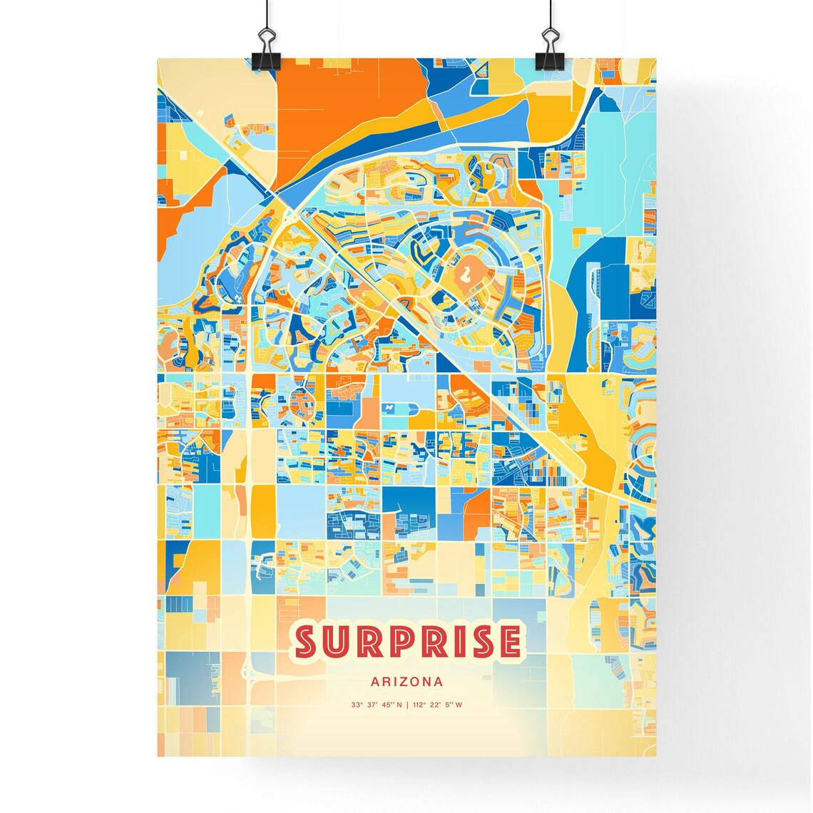 Surprise Arizona Vibrant Stylized Blue and Orange City Map Poster - Image 3