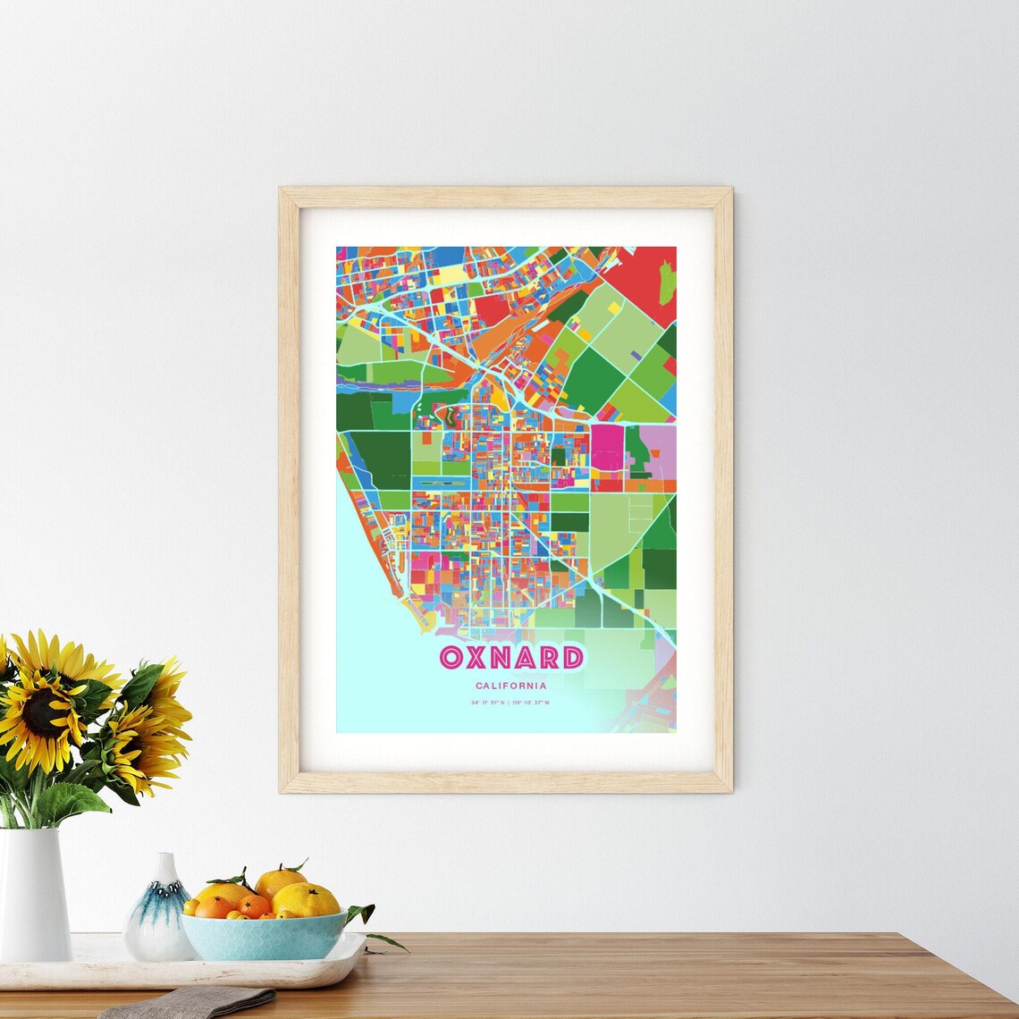 Oxnard California Bold Crazy Colorful Mosaic City Map Poster - Image 2