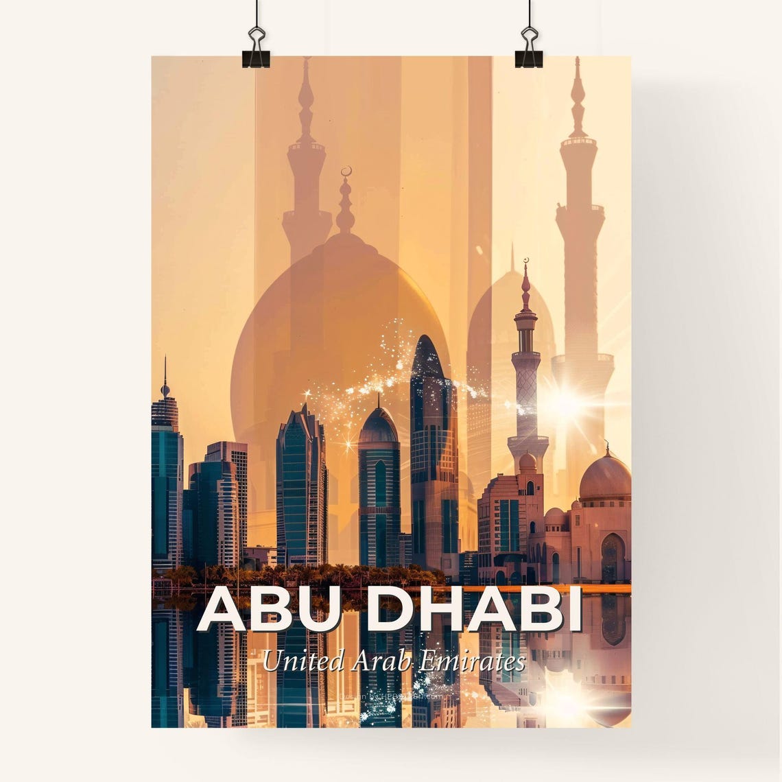 Abu Dhabi United Arab Emirates Sunset Mosque Dome Skyline Art Poster - Image 4