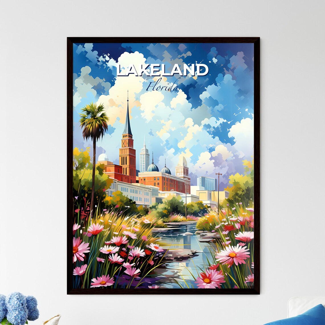 Lakeland Florida Church Spire River Pink Daisy Garden Art Poster