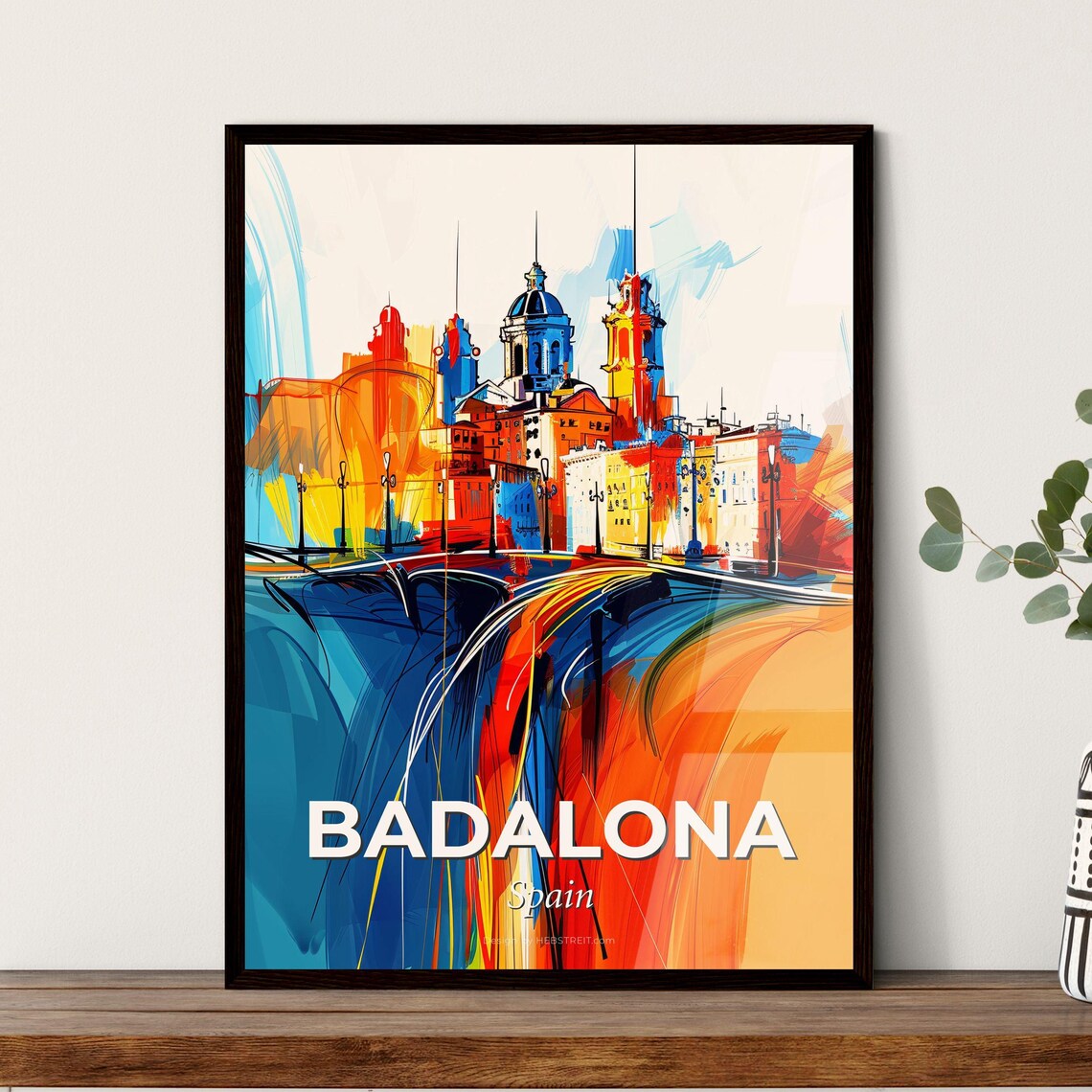 Badalona Spain Abstract Cathedral Bridge Vivid City Art Poster