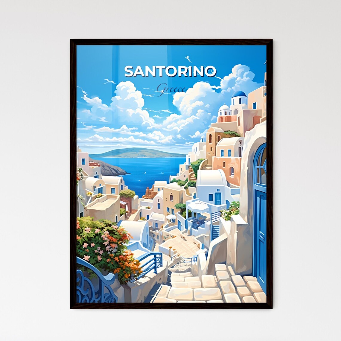 Santorino Greece Cliffside Blue Domes Aegean Sea Vintage Travel Poster
