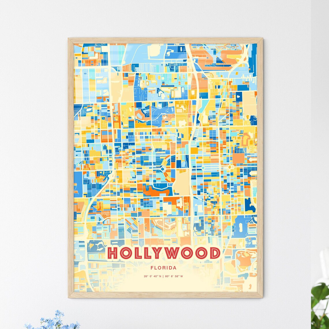 Hollywood Florida Modern Geometric Blue Orange City Map Art Poster