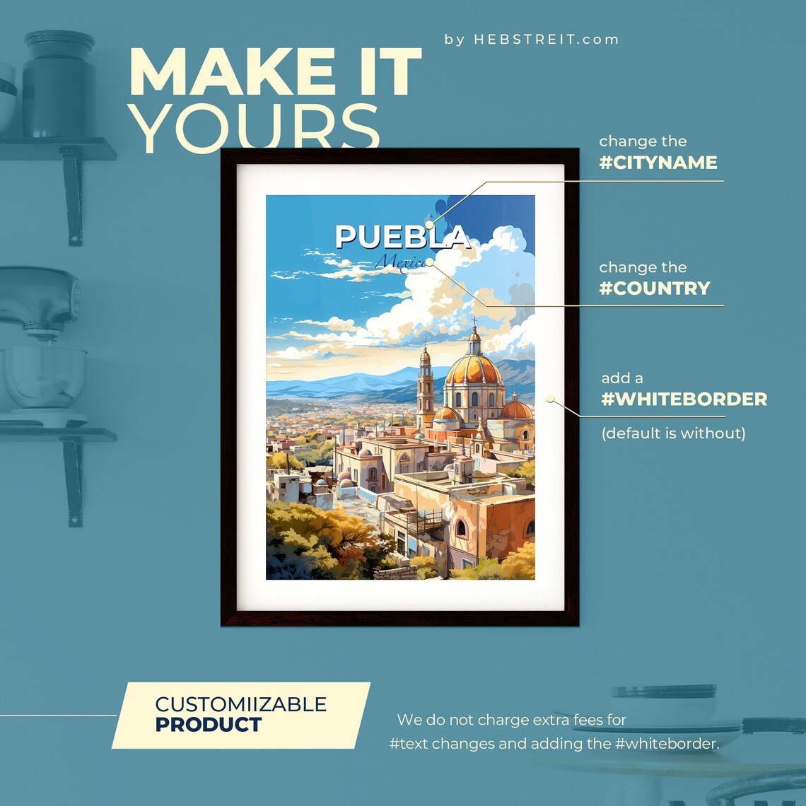 Puebla Mexico Cathedral Domes City Skyline Travel Art Poster - Image 2