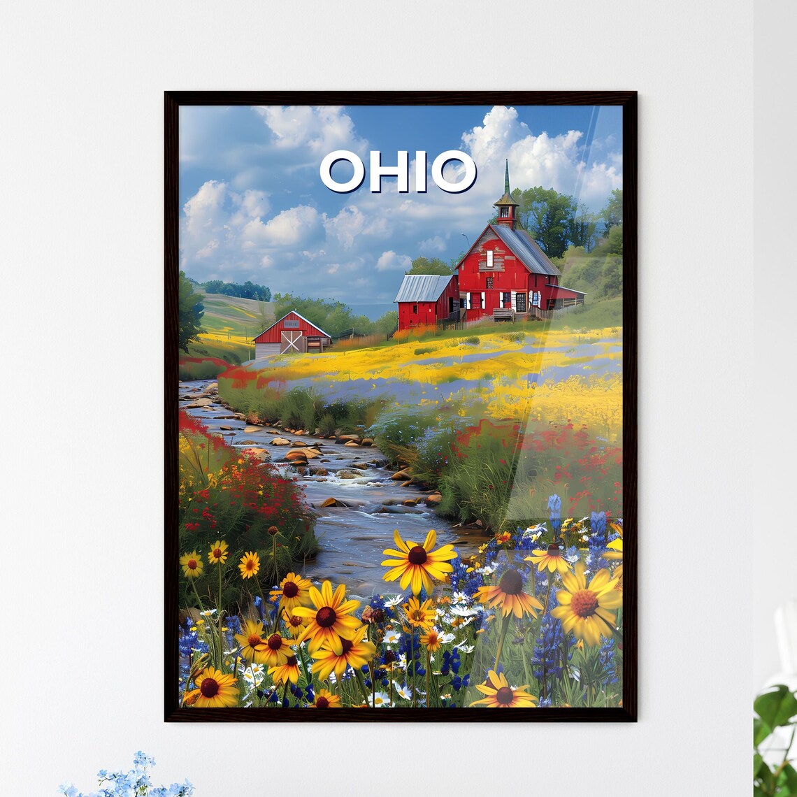 Ohio Red Barn Church Creek Wildflower Meadow Vintage Travel Poster