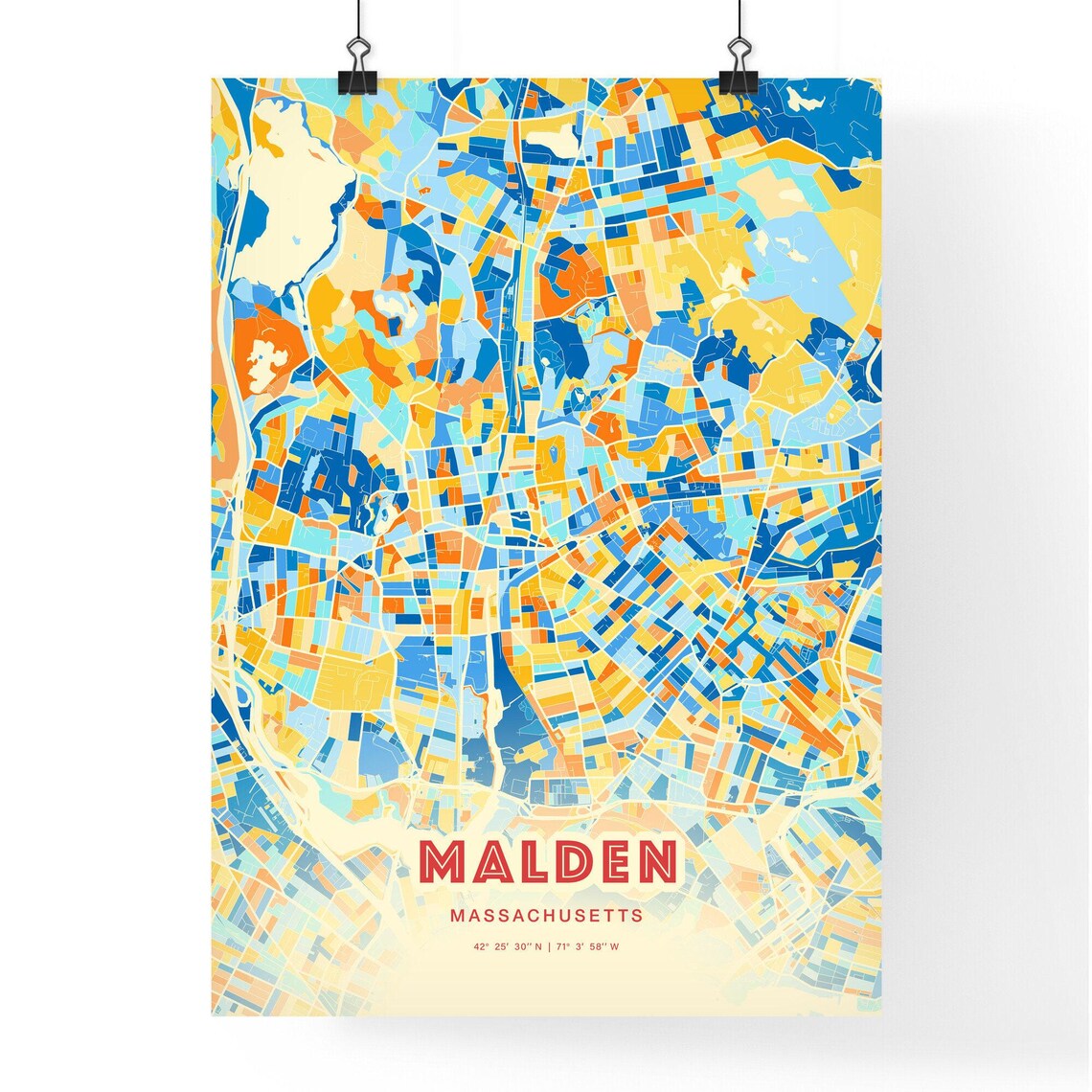 Malden Massachusetts Colorful Blue and Orange Retro City Street Map Wall Art