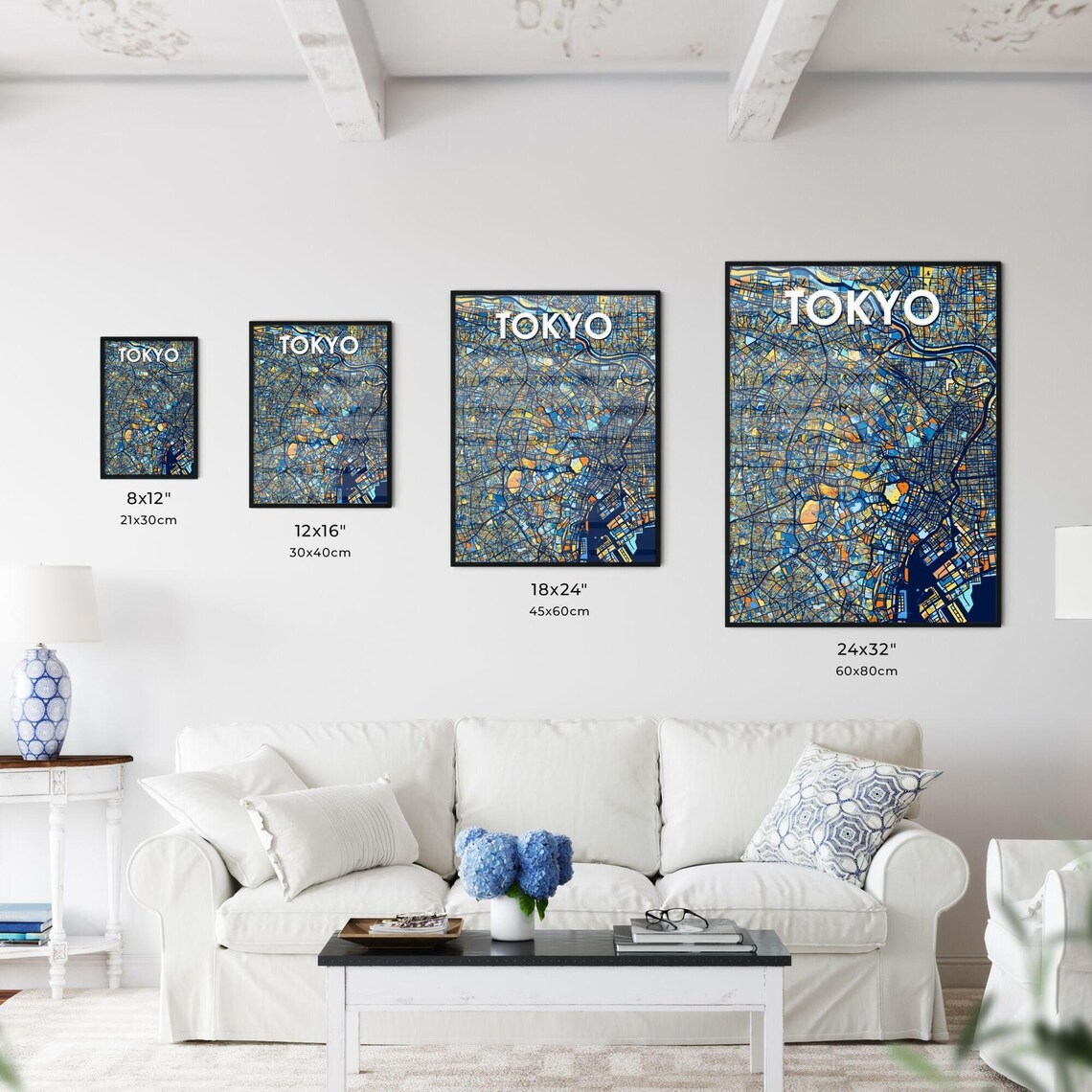Tokyo City Map Art Poster Midnight Blue and Orange Modern Decor - Image 3