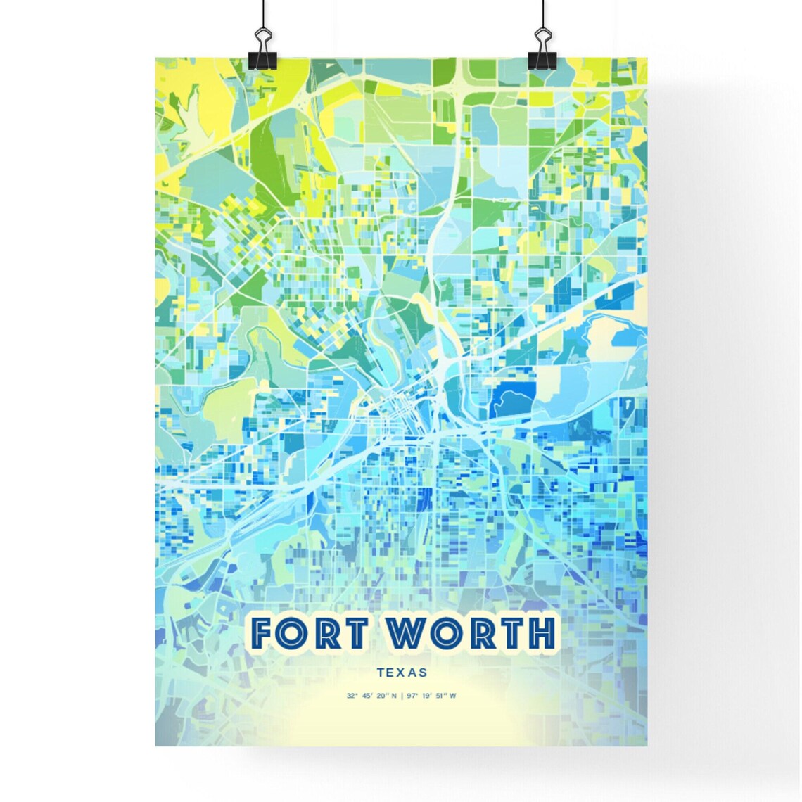 Fort Worth Texas Vibrant Abstract Watercolor City Street Map Poster - Image 3