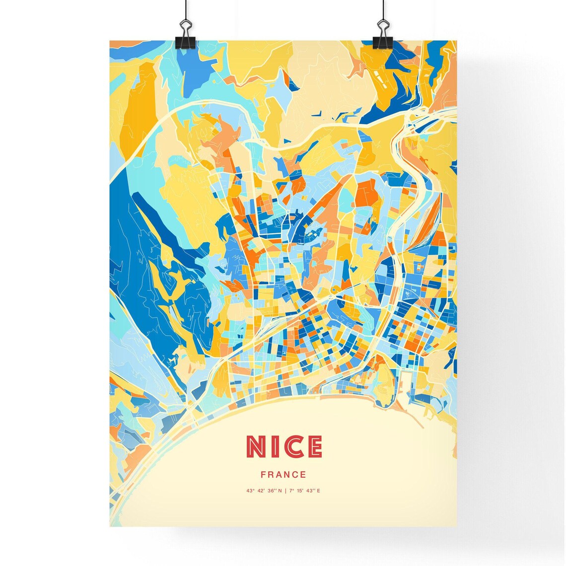 Nice France Blue Orange Sunny Riviera Coastline Map Art Poster - Image 3
