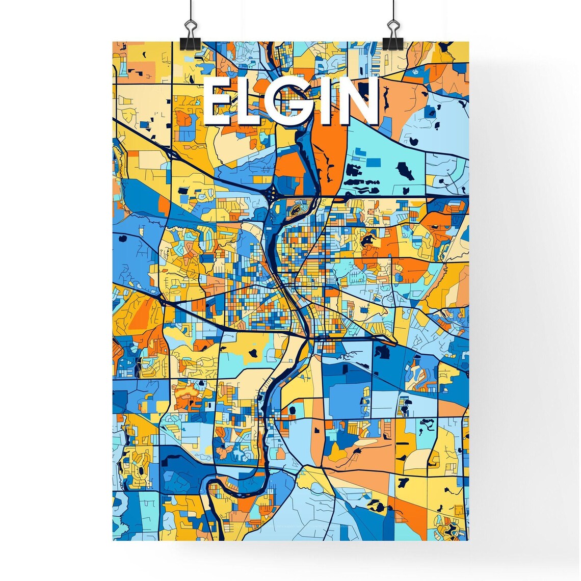 Elgin Illinois Bold Colorful City Map Art Poster Great Hometown Gift - Image 4