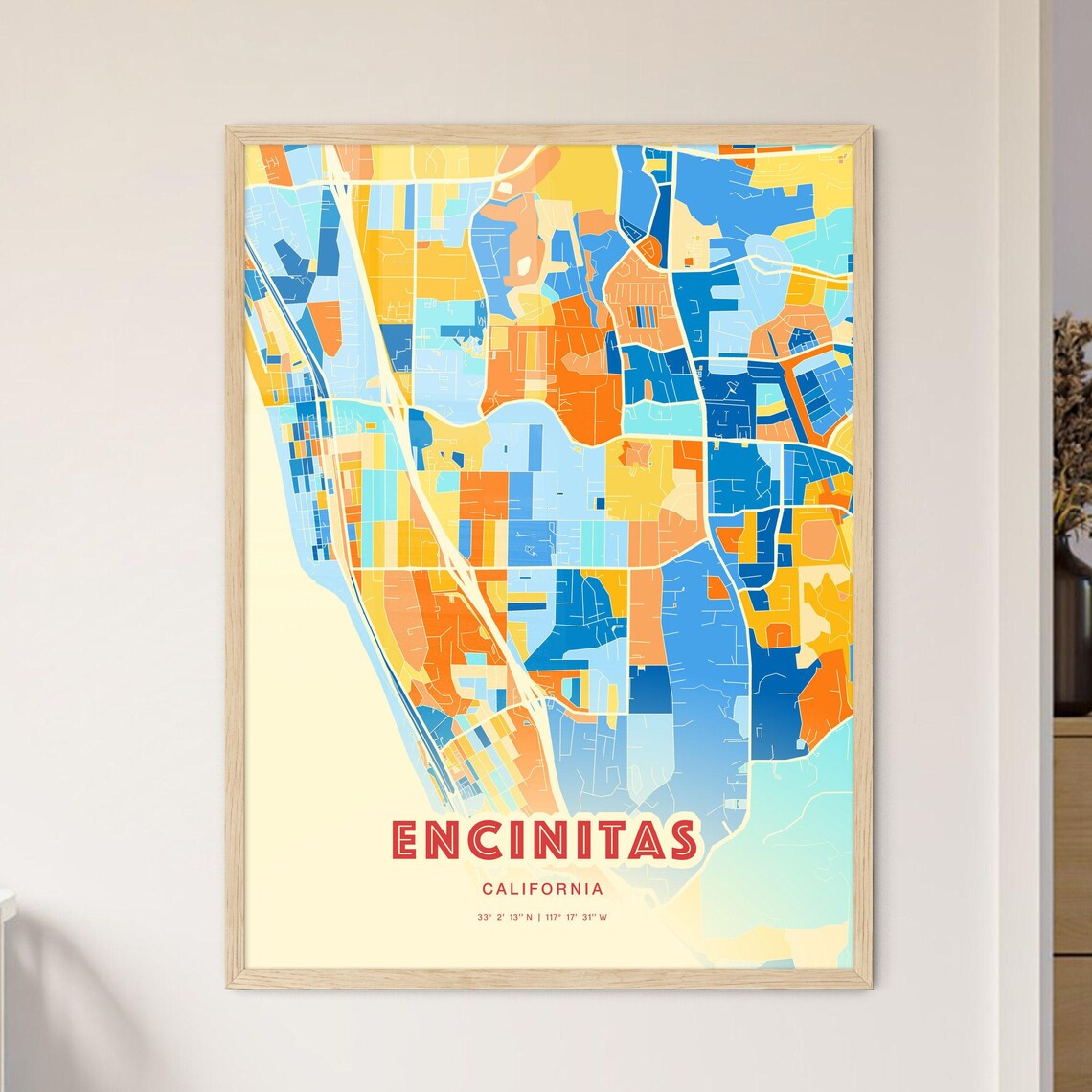 Encinitas California Blue Orange City Map Art Home Decor Poster - Image 3