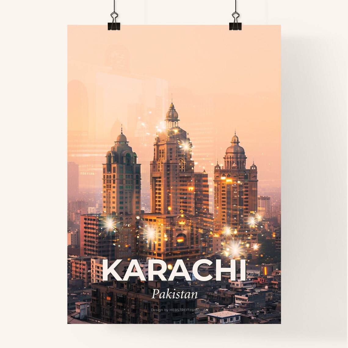 Karachi Pakistan Triple Domed Towers Sunset Skyline Art Poster - Image 4