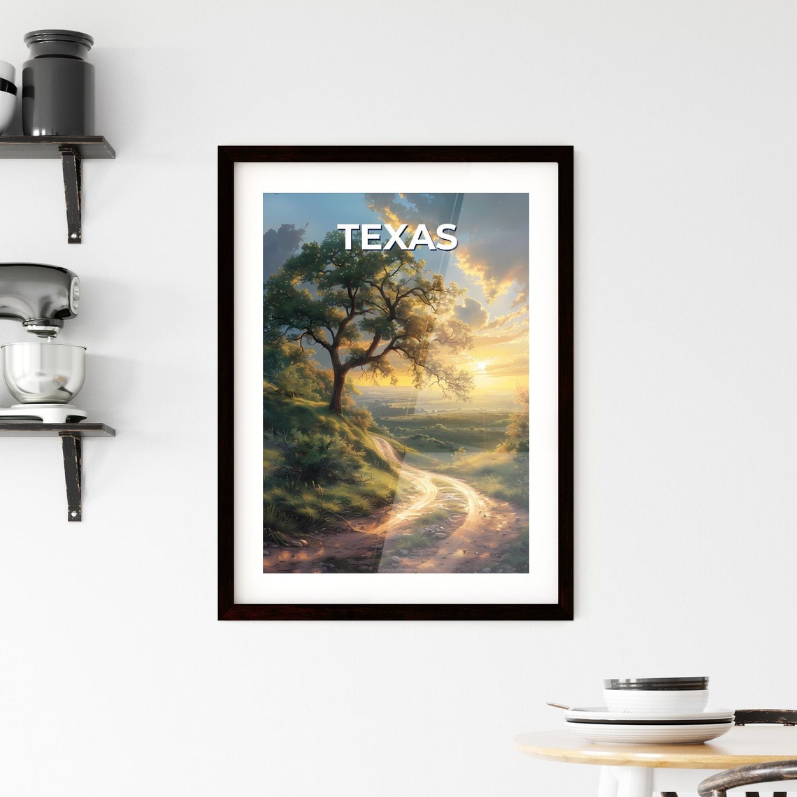 Texas Lone Tree Dirt Road Golden Sunset Landscape Art Poster - Image 2