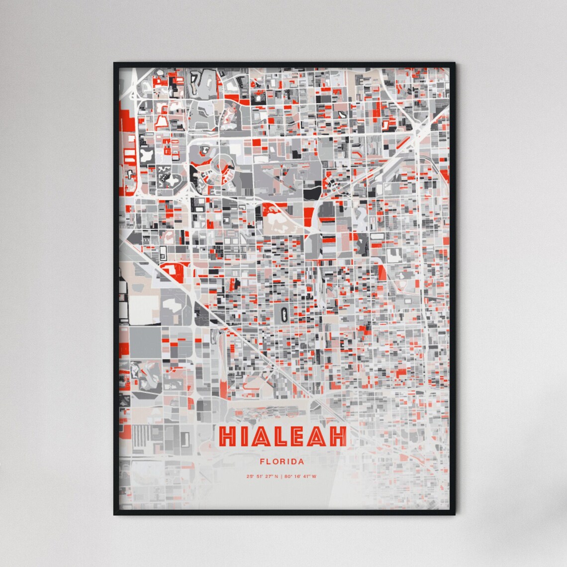 Hialeah Florida Expressive Red Abstract Modern City Map Art Poster