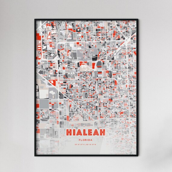 Hialeah Florida Expressive Red Abstract Modern City Map Art Poster