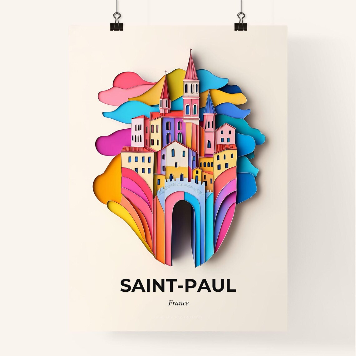 Saint-Paul France Colorful Paper Cut Village Towers Travel Poster - Image 4