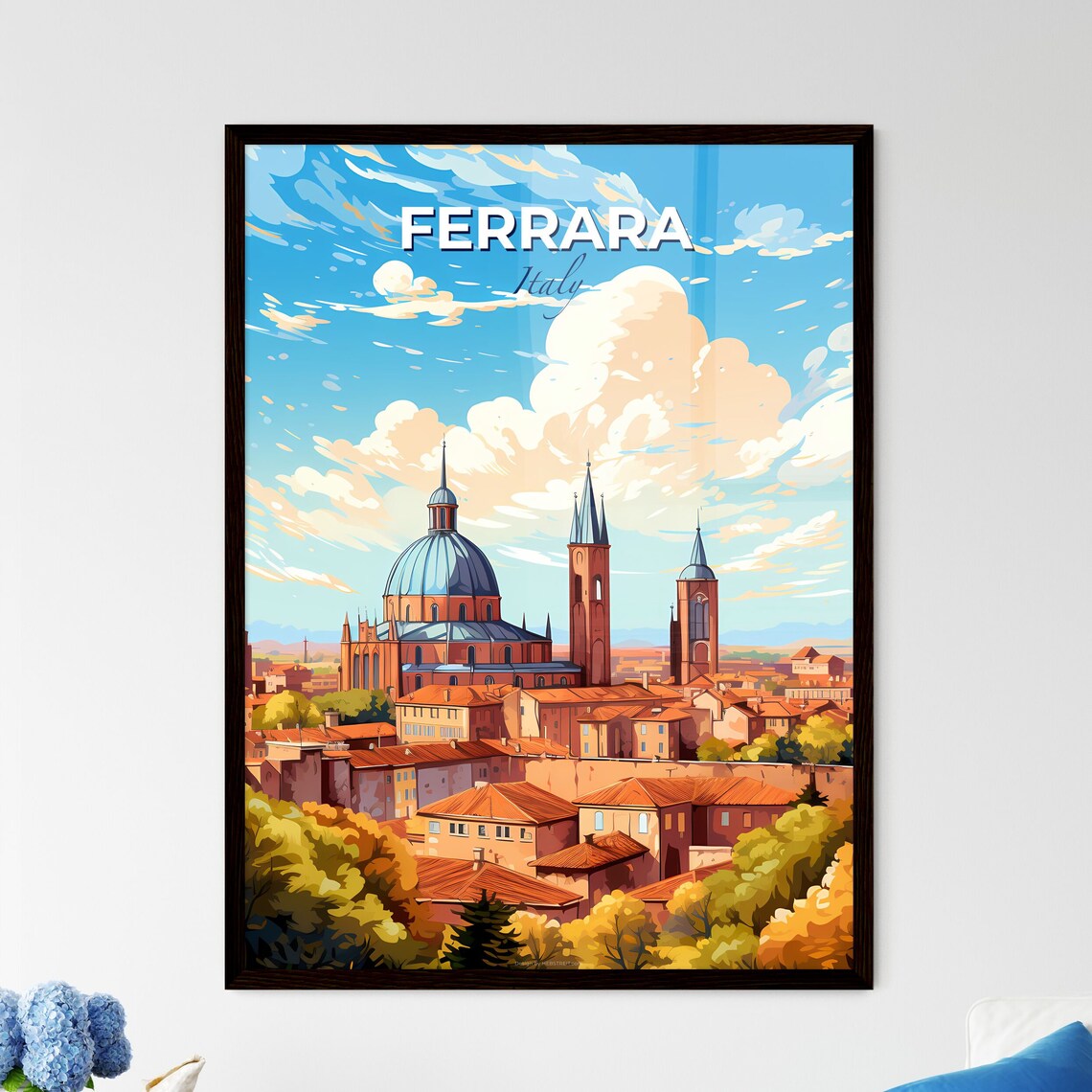 Ferrara Italy Cathedral Dome Red Roofs Colorful Travel Poster