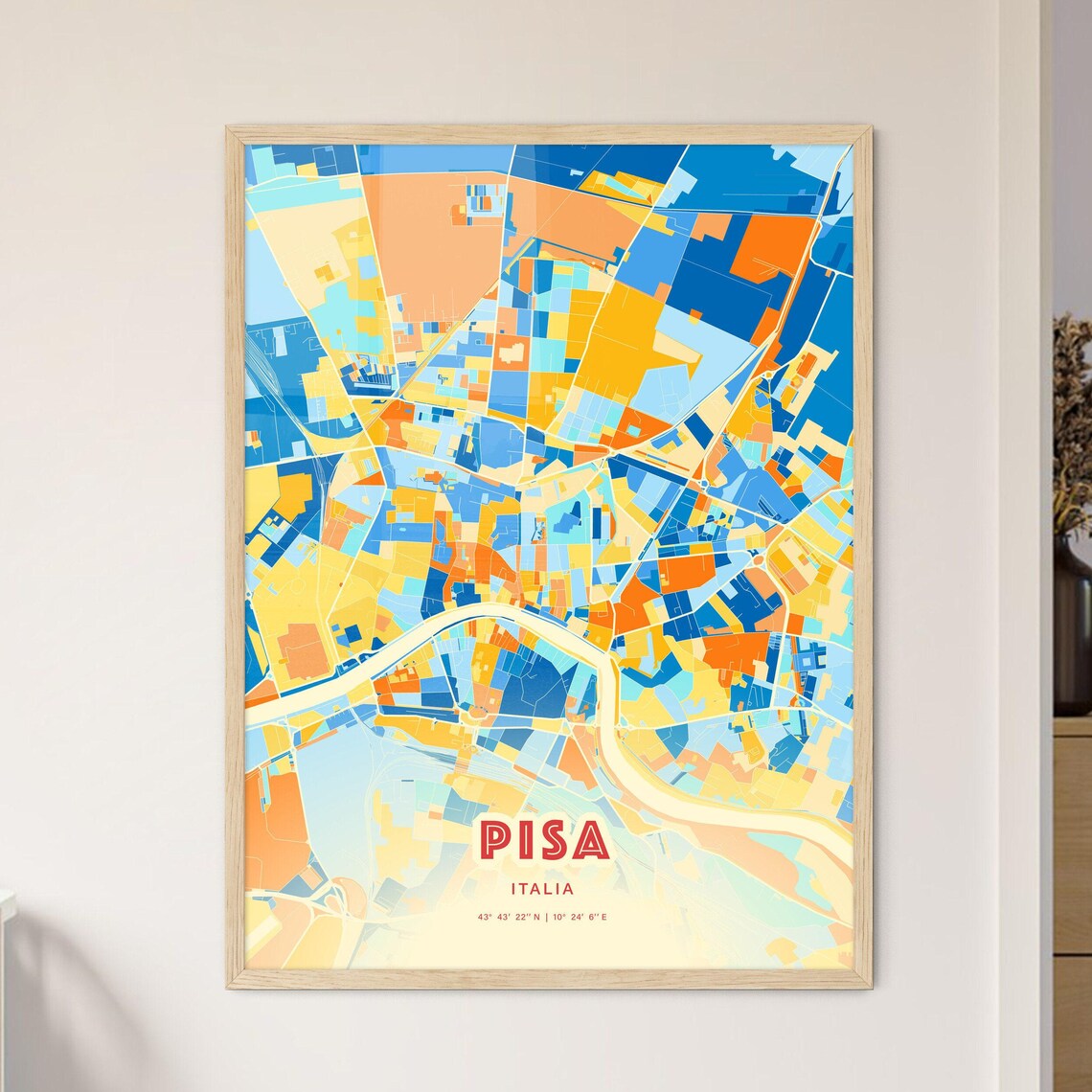 Pisa Italy Colorful Blue Orange River City Map Retro Art Print