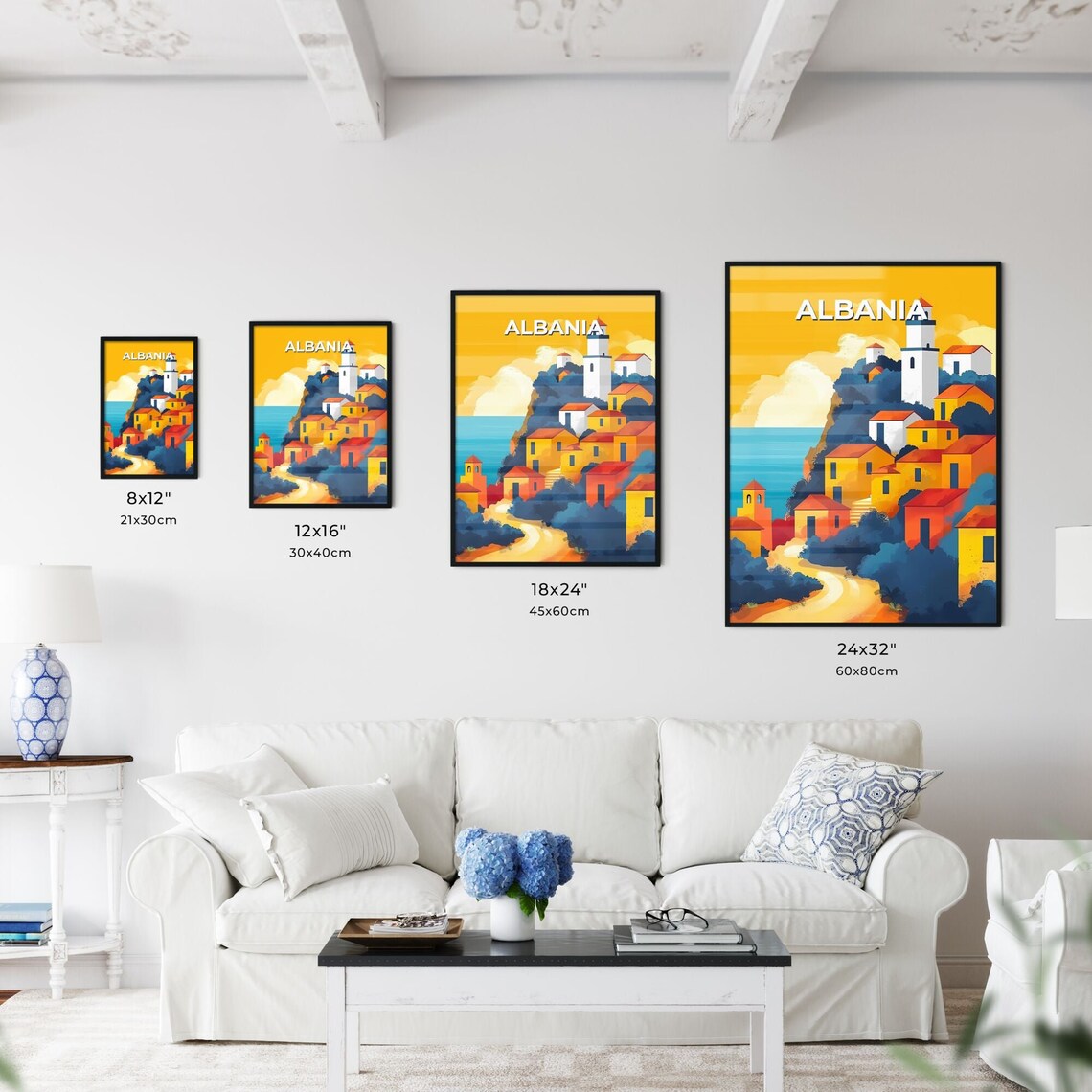 Albania Hillside Village Lighthouse Yellow Sky Vintage Travel Poster - Image 3