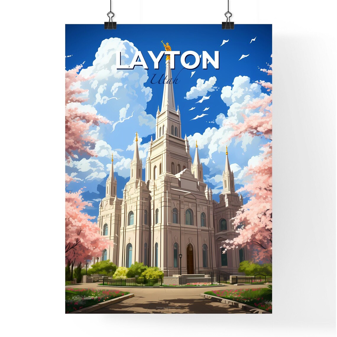 Layton Utah White Temple Spires Cherry Blossom Garden Travel Poster - Image 4