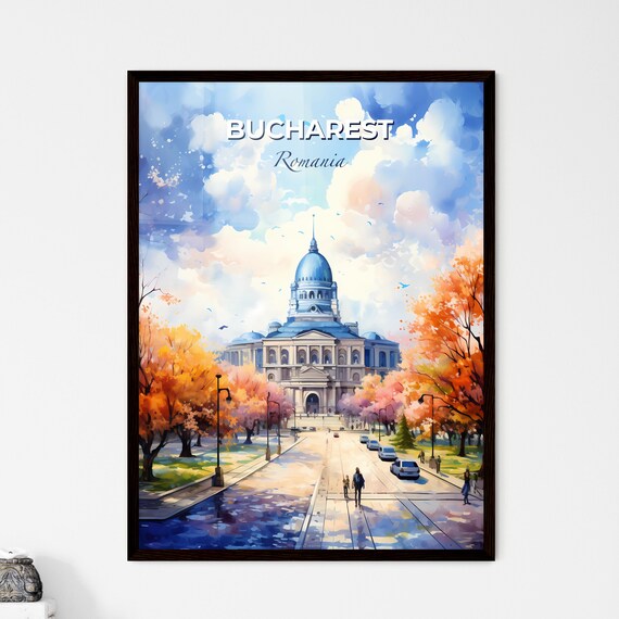 Bucharest Romania Autumn Avenue Domed Palace Travel Art Poster