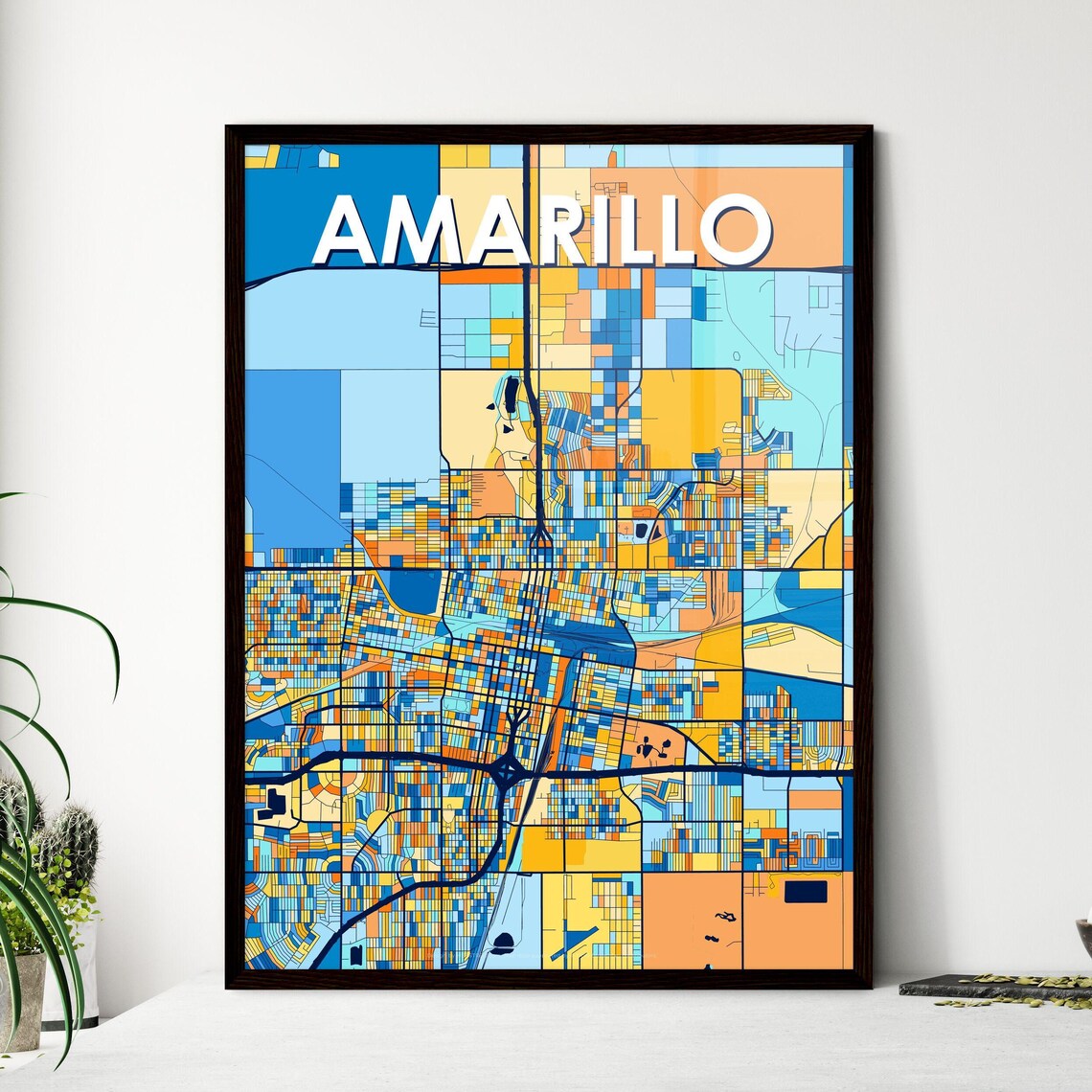 Amarillo Texas Stylish Vibrant Blue and Orange Mosaic City Map Poster