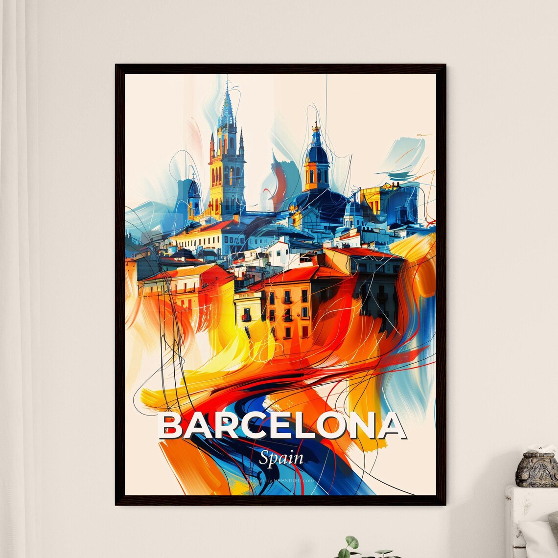 Barcelona Spain Vibrant Watercolor Skyline City Travel Poster