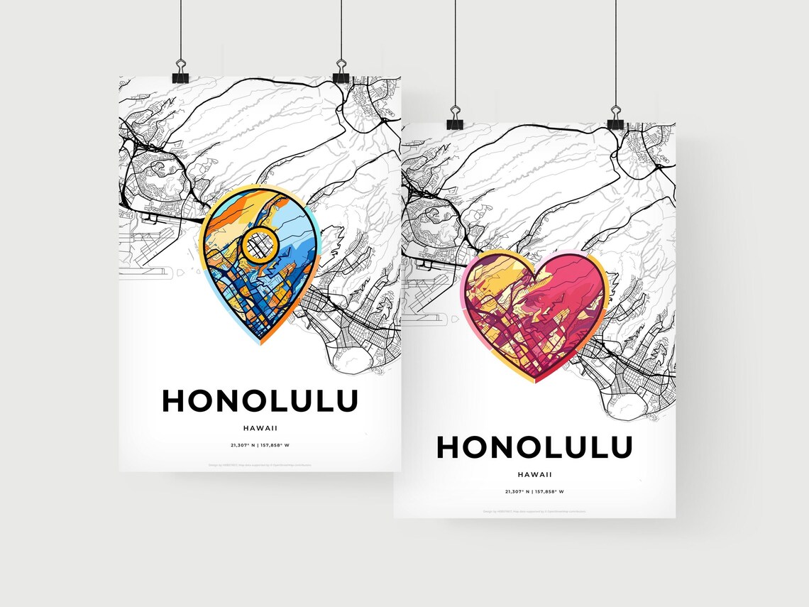 Honolulu Hawaii Minimal Map Art With Colorful Heart Icon Poster - Image 2