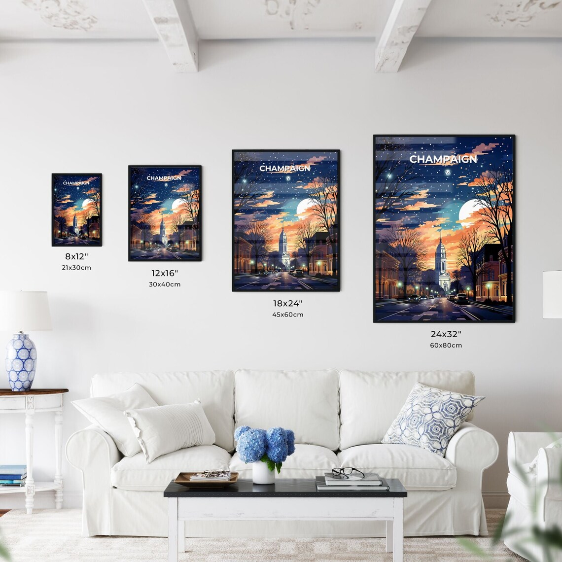 Champaign Illinois Moonlit Downtown Street Large Moon Night Poster - Image 3