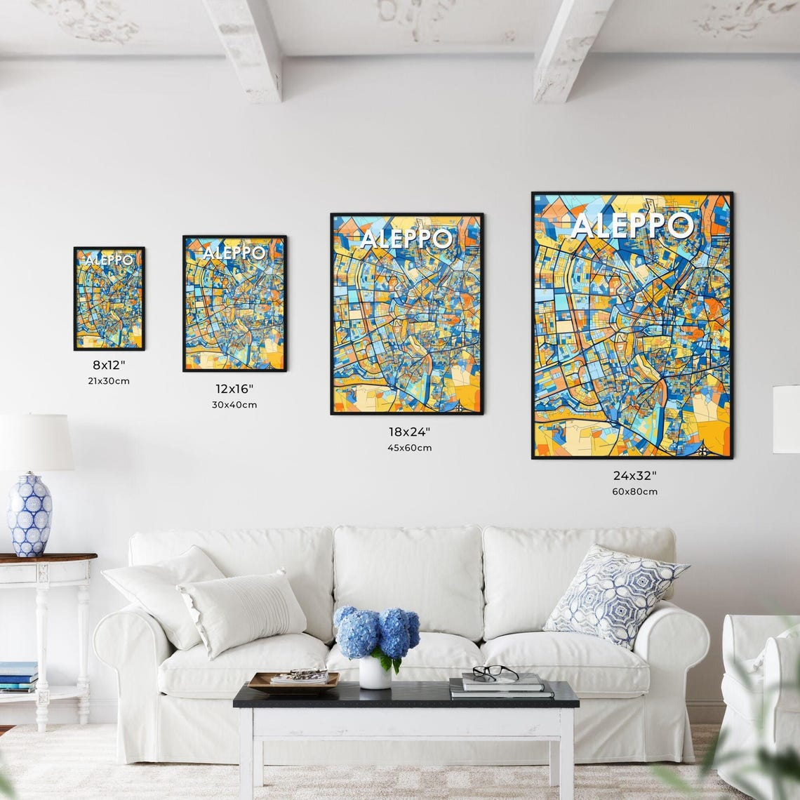 Aleppo Syria Blue Orange City Map Poster Bold Modern Street Grid Art - Image 3