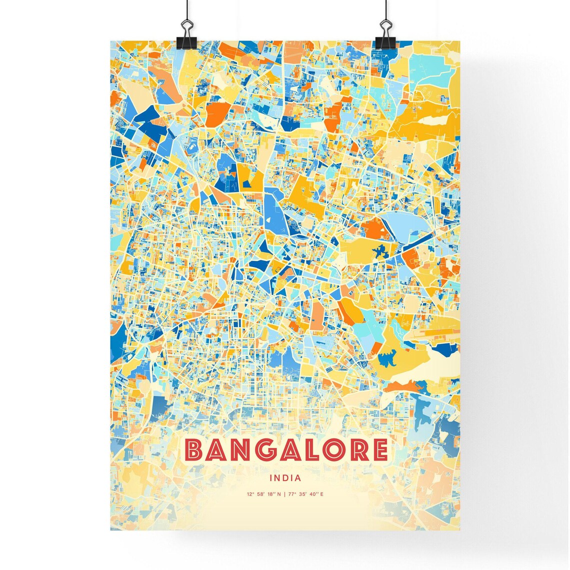 Bangalore India Bold Vibrant Blue Orange Mosaic City Map Poster - Image 3