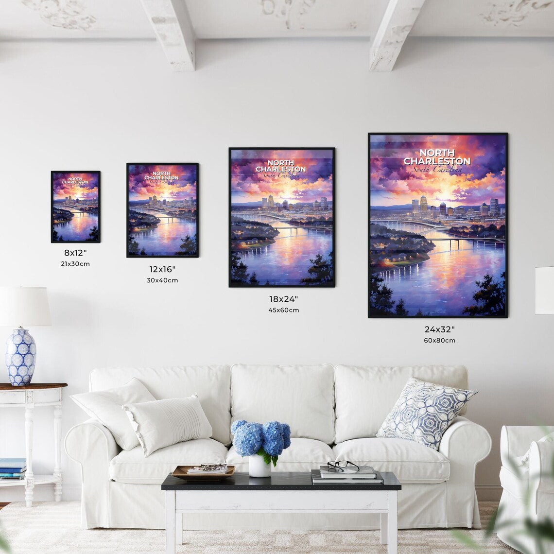 North Charleston South Carolina River Sunset City Skyline Poster - Image 3